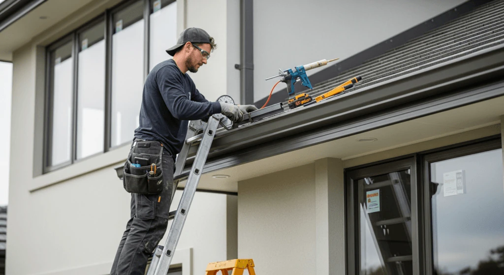Illustration of a worker on a ladder sealing a metal gutter on a modern two-story house, with a caulking gun resting on the roof edge