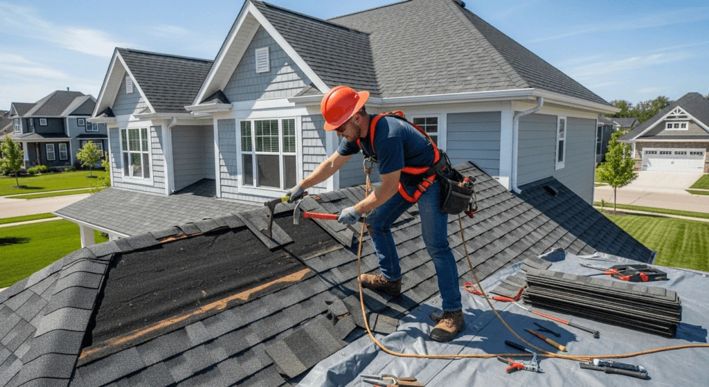 Illustration of a roofer in an orange hard hat and safety harness pulling up old shingles on a suburban house roof