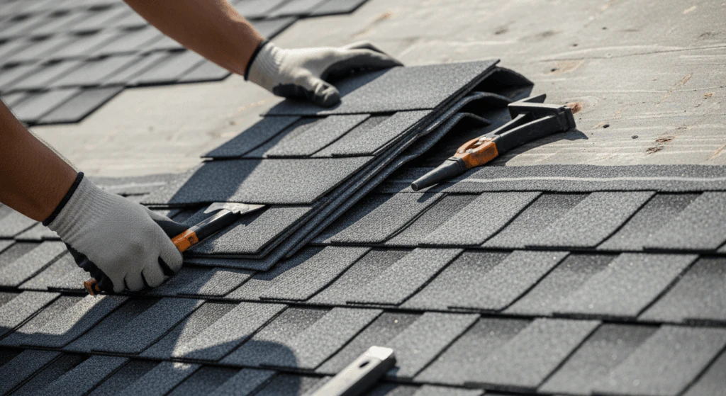 Illustration of gloved hands lifting dark gray asphalt shingles on a sunlit roof, with a hatchet in one hand and another hand tool beside them