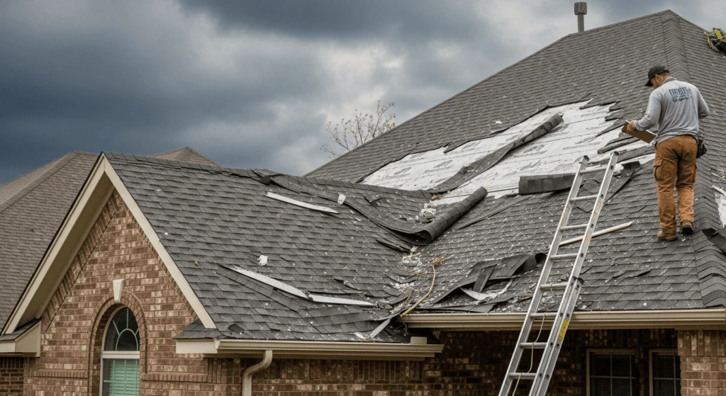 Illustration of a worker on a storm-damaged shingle roof with torn shingles and bare underlayment, a ladder against the brick house and dark clouds above