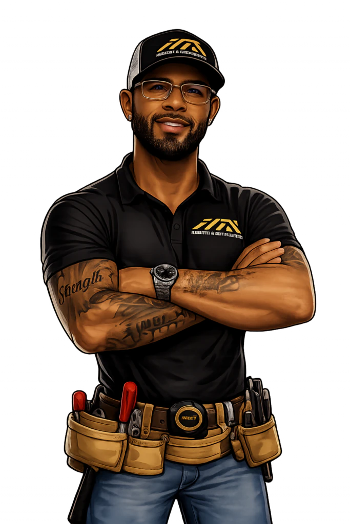 Illustration of Michael Cesar with his arms crossed, in a cap, glasses, a black F.I.T. polo shirt and a tool belt