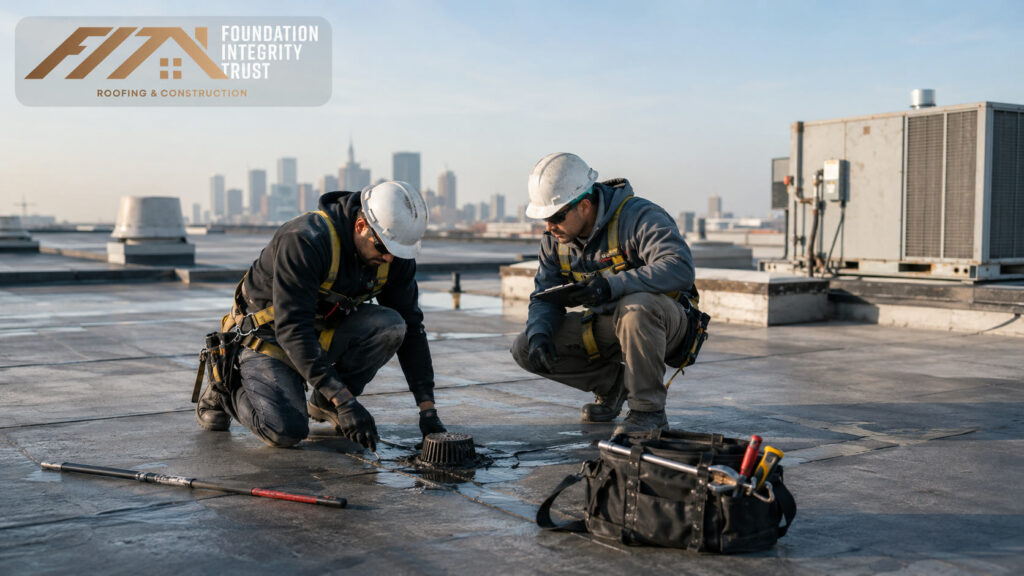 Professional reviewing commercial roof maintenance North Texas