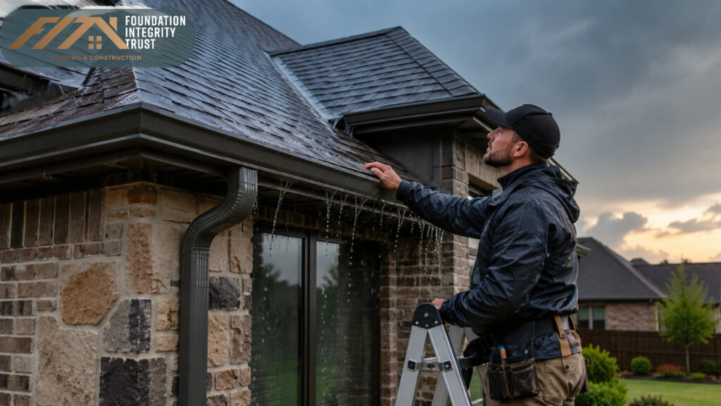 Professional reviewing gutter sizing for heavy Texas rain